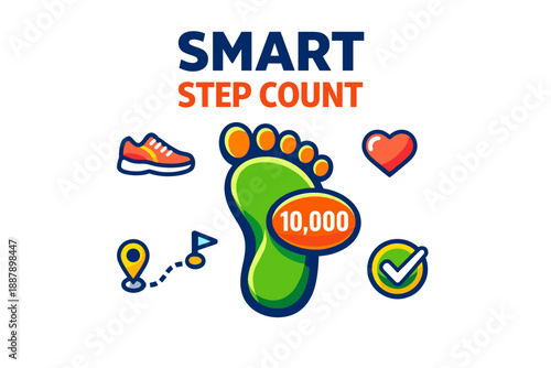 Smart step count concept with footprint and fitness icons