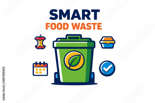 Smart food waste management icon set with green bin and eco symbols