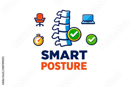 Ergonomic solutions concept: smart posture with spine, chair, laptop, clock icons