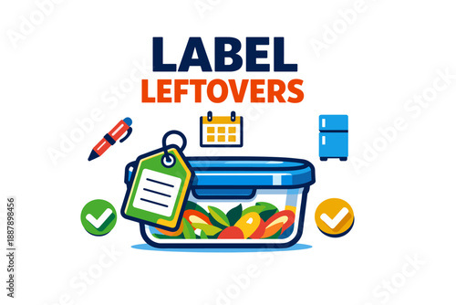 Food storage tips with labeled leftovers and colorful icons