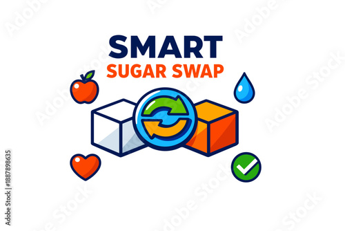 Smart sugar swap: healthier alternatives with symbols of heart, apple, water, and checkmark