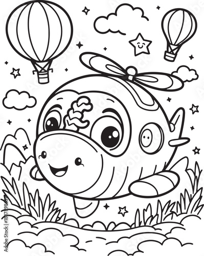 Adorable cartoon helicopter flying with hot air balloons and friendly happy clouds