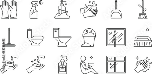 Housekeeping and Hygiene Icon Set with Cleaning Supplies Soap Hand Washing Toilet and Window Squeegee for Sanitary Service Vector Illustration