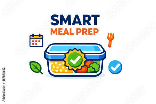 Smart meal prep container with vegetables and icons for healthy eating
