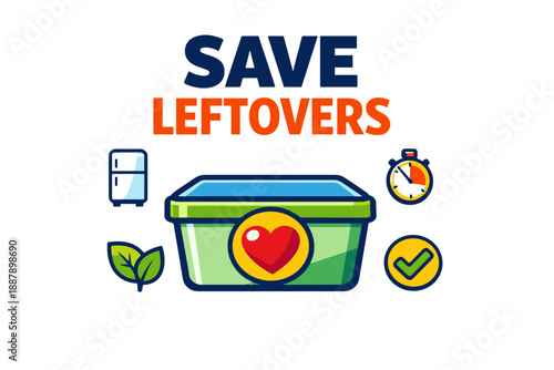Colorful leftover container illustration with heart symbol and icons