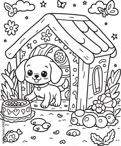 Adorable puppy in its dog house with a food bowl, surrounded by flowers and butterflies