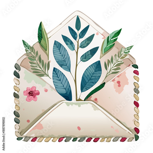 Open envelope with green leaves and plants for eco friendly message and garden invitation Graphic Asset