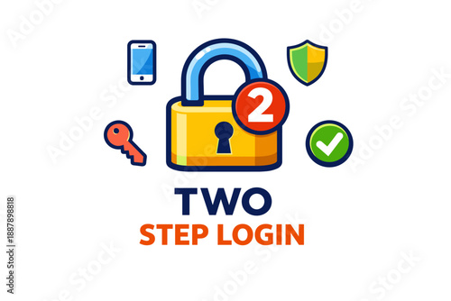 Secure two-step login concept with lock, phone, and key icons