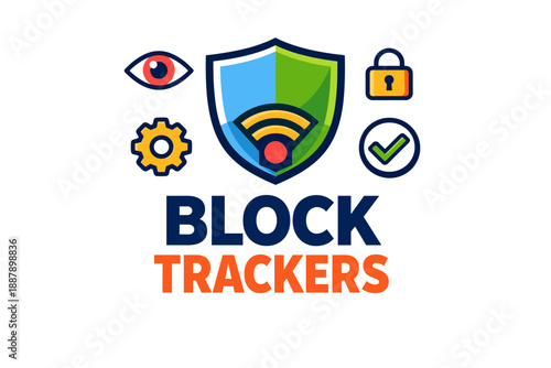 Block trackers: cybersecurity shield, eye, lock, gear, checkmark icons
