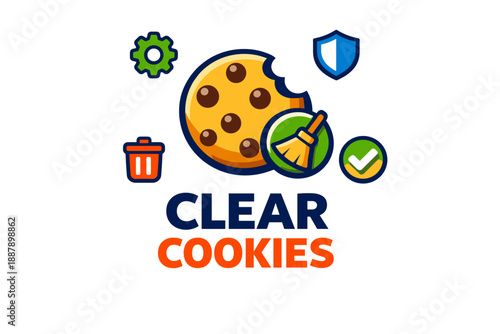 Clear cookies icon with cookie, gear, shield, trash, and checkmark symbols