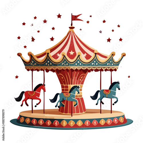 Traditional red and gold carousel with horses for outdoor fair and family amusement park Graphic Asset