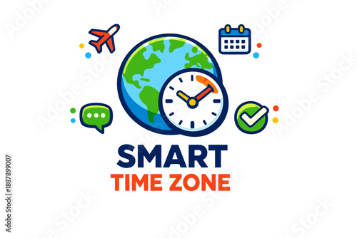Smart time zone icon with clock, globe, and travel symbols