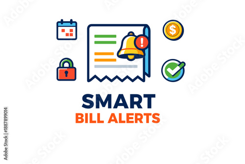 Smart bill alerts concept with notification bell and payment icons