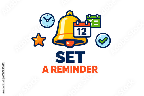 Colorful reminder icons with bell, calendar, and checkmark illustrations