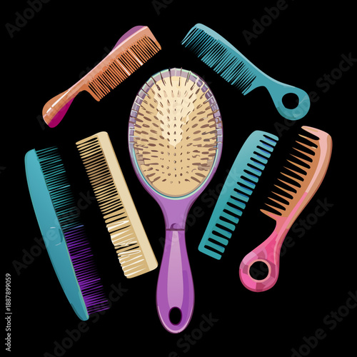 Artistic arrangement of hair brushes and combs on dark backdrop for professional hair stylist Graphic Asset