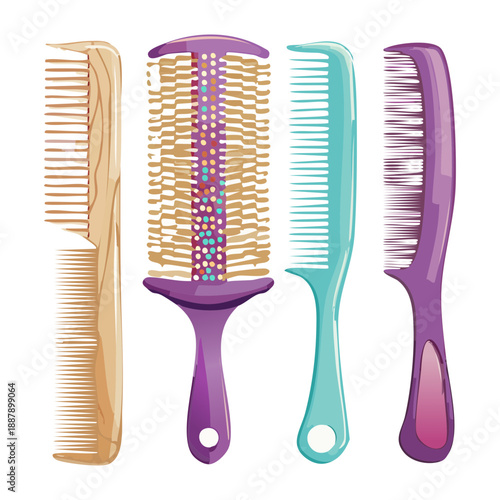 Professional hair styling tools including purple round brush and various colorful combs for salon use Graphic Asset