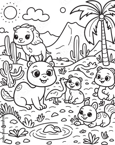 Coloring page of lion cubs ostrich and other small wild animals in arid desert landscape