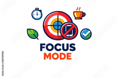 Colorful focus mode icons with target, phone, stopwatch, and coffee cup