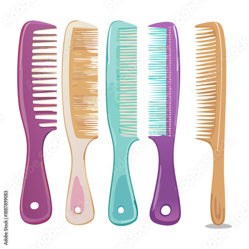 Row of colorful plastic hair combs in pastel blue and pink for professional barber styling Graphic Asset