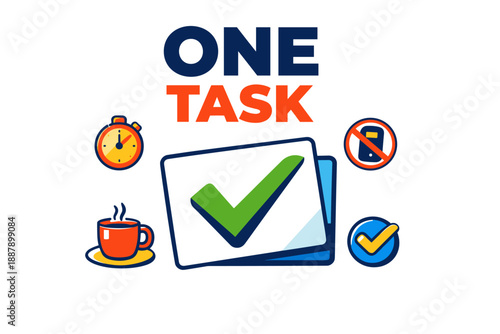Productivity focus: one task symbol with stopwatch and coffee icons