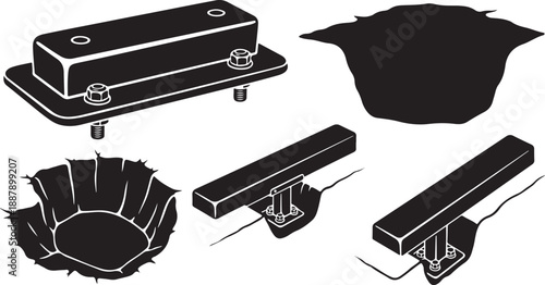 Black and white illustration of various metal parts and tools