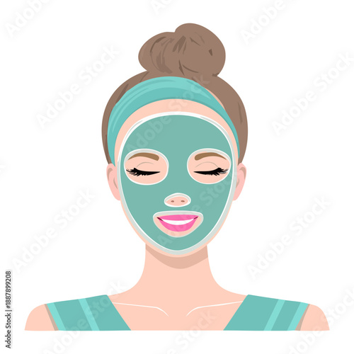 Young woman applying green facial mask for skin care beauty Graphic Asset