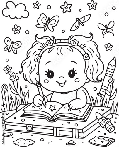 Cute baby girl writing in a book surrounded by butterflies and flowers coloring page