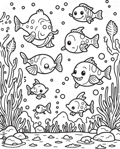 Cute cartoon fishes swimming underwater with seaweeds and bubbles coloring page