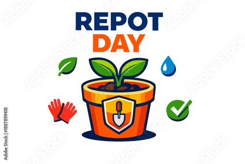 Repot day: gardening tools and potted plant illustration with leaf, water, and check symbols