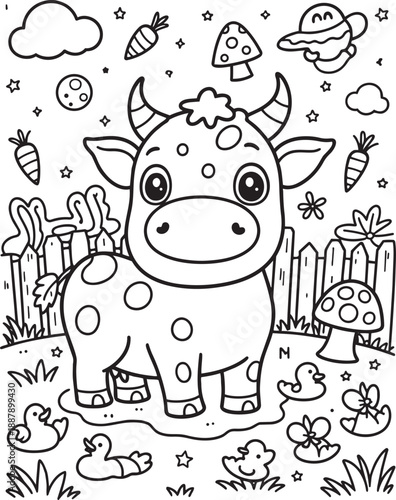 Cute cartoon cow with fence and ducks coloring page for kids