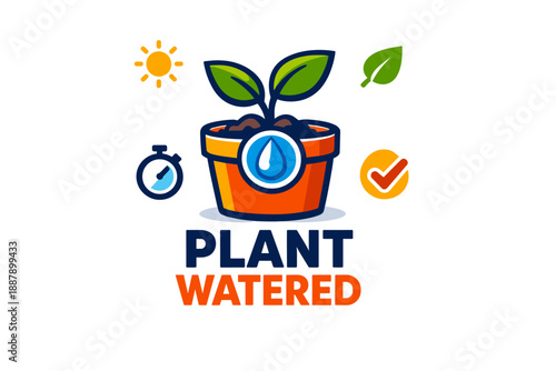 Potted plant with watering symbol and icons for growth and care