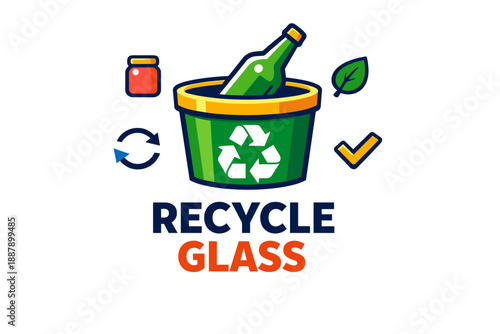 Colorful glass recycling illustration with bin, bottle, and icons