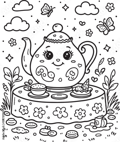 Cute cartoon teapot hosting tea party on table with butterflies and clouds