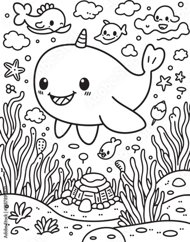 Cute narwhal whale coloring page ocean life scene with starfish seaweed and small fish