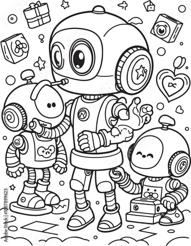 Cute little robots playing together with gifts and toys in simple line art