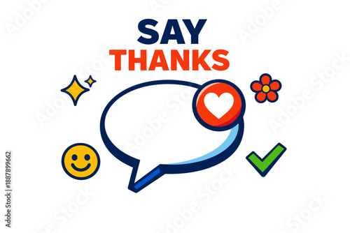 Colorful thanks message with speech bubble, heart, and smile icons