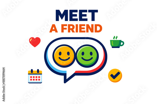 Colorful cartoon friend meeting illustration with chat icon and smiley faces
