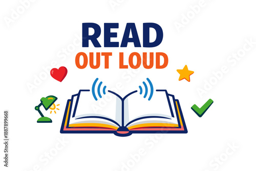 Read out loud graphic with open book and symbols for learning and literacy