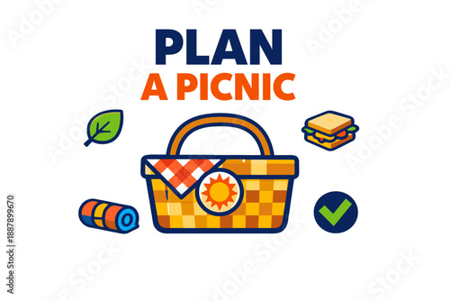 Plan a picnic: basket with blanket, sandwich, leaf, and checkmark icon