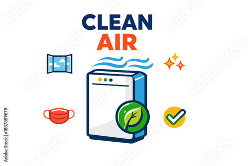 Clean air illustration featuring air purifier, freshness icons, and health symbols