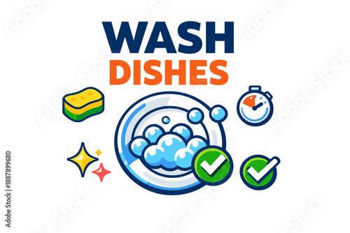 Dishwashing essentials: sponge, bubbles, and timer icon set