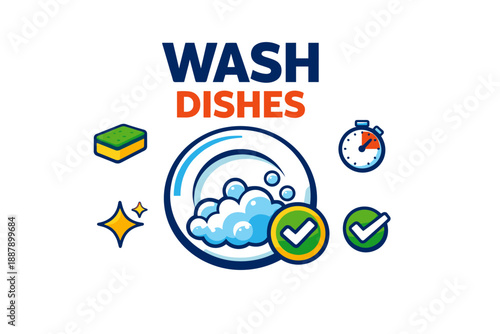 Dishwashing icon with foam, check marks, sponge, and timer