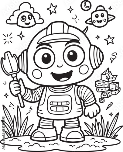 Cute robot with helmet and shovel on planet surface coloring book page