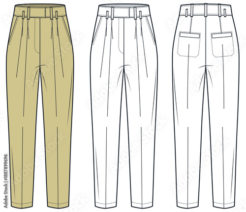 Women High Waist Trousers Technical Flat Sketch. Classic Pants fashion flat technical drawing template, pockets, front and back view, white, beige, women CAD mockup.