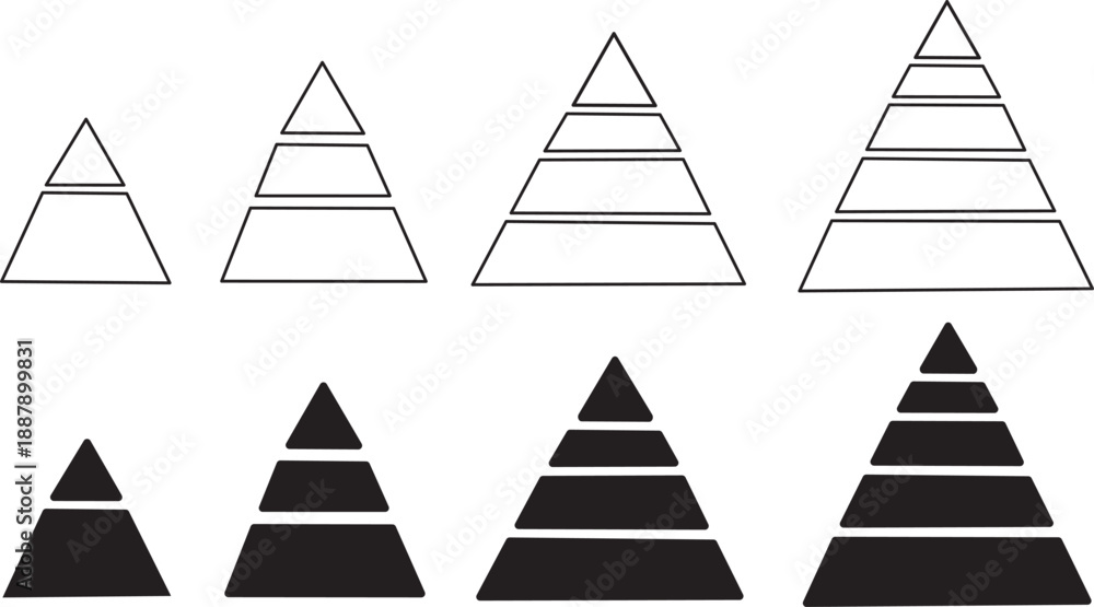Fototapeta premium Levels of triangular pyramid icon set. Modern hierarchy and structure symbols. Vector layered pyramid diagram elements. Minimalist business strategy and growth signs