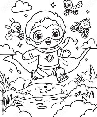 Energetic young hero running and leaping across landscape wearing protective mask