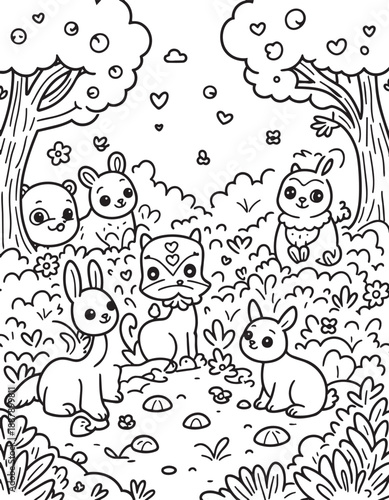 Forest woodland animals coloring book page with bunnies cat and small mammals for drawing