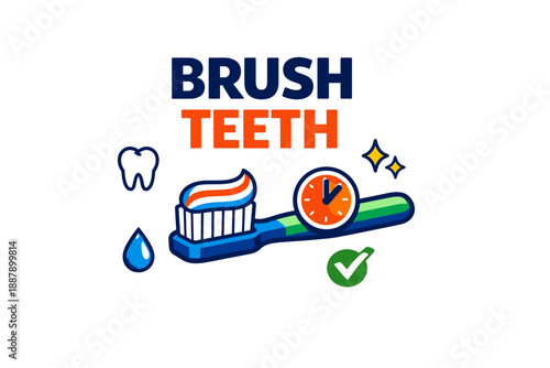 Colorful toothbrushing icons with toothbrush, tooth, and clock for oral hygiene reminder