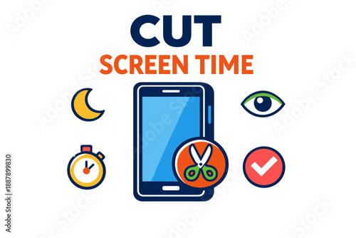 Reducing screen time: smartphone, stopwatch, scissors, eye, moon, checkmark symbols