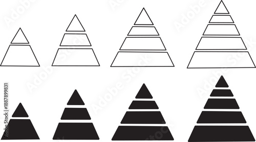 Levels of triangular pyramid icon set. Modern hierarchy and structure symbols. Vector layered pyramid diagram elements. Minimalist business strategy and growth signs